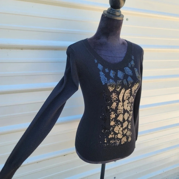 Calvin Klein Women's Black Sequin Embellished Long Sleeve Wool Blend Sweater XS - Picture 5 of 8